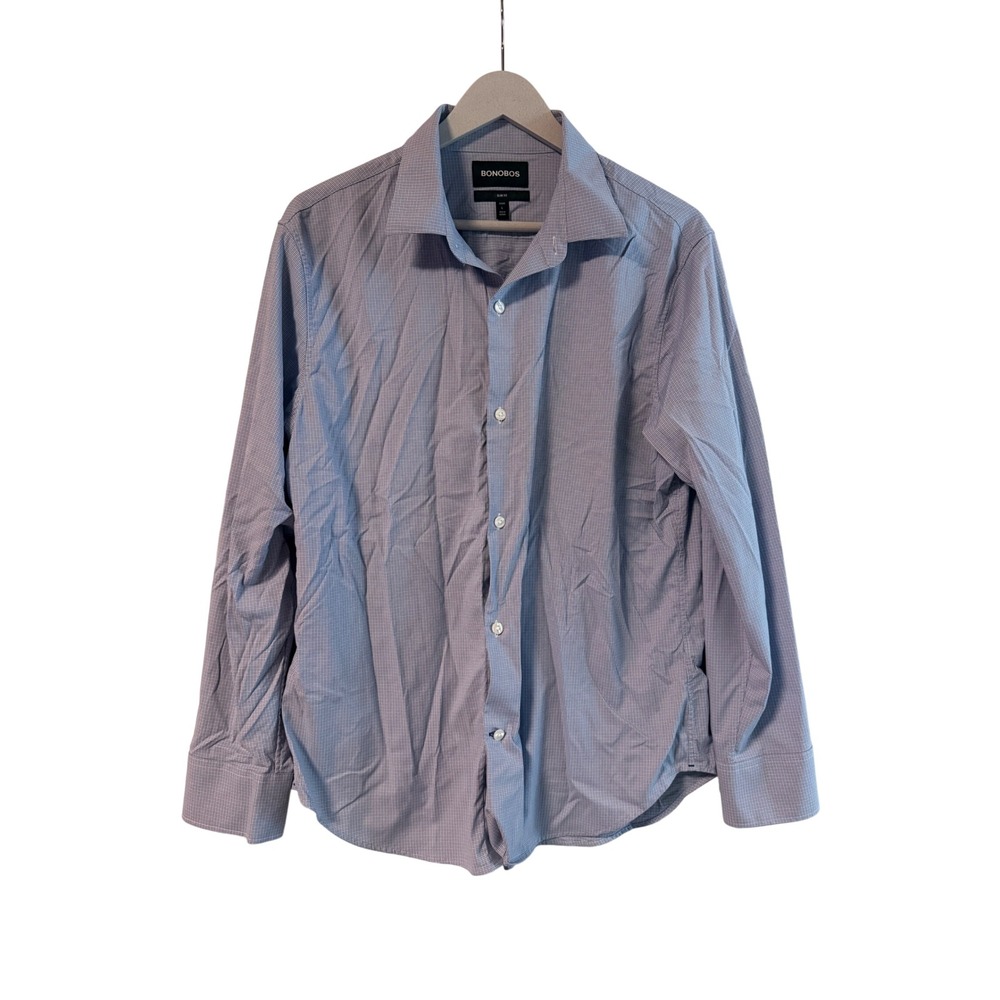 Bonobos Mens Slim Fit Short Button Down Shirt Blue Micro Check Large Stretch